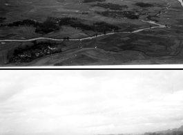 Aerial view of rice paddies and karst mountains in SW China or Indochina, during WWII.