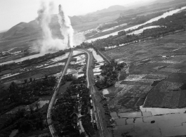 Bombing of Đò Lèn Bridge in Hà Trung Town in French Indochina (Vietnam), during WWII. In northern Vietnam, and along a critical rail route used by the Japanese.