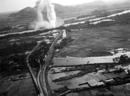 Bombing of Đò Lèn Bridge in Hà Trung Town in French Indochina (Vietnam), during WWII. In northern Vietnam, and along a critical rail route used by the Japanese.