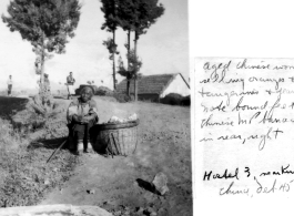 Elderly woman at Hostel #3, October 1945, near Kunming, China. Chinese MP barracks in rear, right.