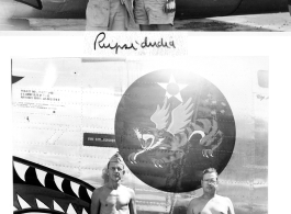 B-24 #44-51040 in Rupsi, India. Top image has two men standing before windows inscribed with the names "T/Sgt. M. A. Ricci" and "M/Sgt. Geo. J. Matetich."  Lower image is Colonel William D. Hopson and another man.