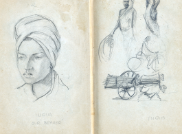 The wartime notebook of S/Sgt. Tom L. Grady. In his notebook, as a talented and curious young artist while in the CBI, he recorded scenes and vignettes that he saw in his life. He also recorded names and contact info for the people he met.  "India. Our 'bearer.'"