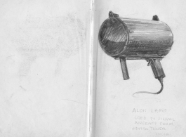 The wartime notebook of S/Sgt. Tom L. Grady. In his notebook, as a talented and curious young artist while in the CBI, he recorded scenes and vignettes that he saw in his life. He also recorded names and contact info for the people he met.  "Aldis lamp. Used to signal aircraft from control tower. India."