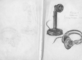 The wartime notebook of S/Sgt. Tom L. Grady. In his notebook, as a talented and curious young artist while in the CBI, he recorded scenes and vignettes that he saw in his life. He also recorded names and contact info for the people he met.  "Phone & headset (control tower, India)."