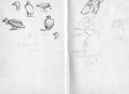 The wartime notebook of S/Sgt. Tom L. Grady. In his notebook, as a talented and curious young artist while in the CBI, he recorded scenes and vignettes that he saw in his life. He also recorded names and contact info for the people he met.  "Buzzards, India."