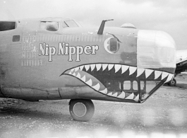 Nose art of a Consolidated B-24 bomber "Nip Nipper." This is later in the war, and the B-24 has been modified to carry cargo, with the nose guns (and much more) removed.