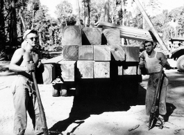 797th Engineer Forestry Company mill in Burma, cutting beams and delivering them for bridge building along the Burma Road.  During WWII.