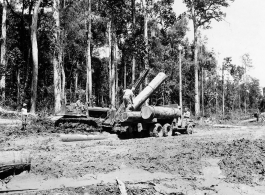 797th Engineer Forestry Company in Burma, loading logs for milling for bridge building along the Burma Road.  During WWII.