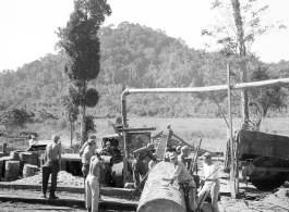 797th Engineer Forestry Company mill in Burma, cutting beams for bridge building along the Burma Road.  During WWII.