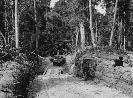 797th Engineer Forestry Company in Burma, hauling logs for milling for bridge building along the Burma Road.  During WWII.