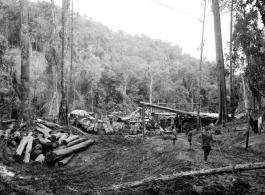 Site at the mill yard, including wranging logs towards saw with cant hooks at a lumber mill of the 797th Engineer Forestry Company in Burma.  During WWII.