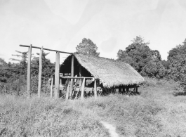 A woman in a thatch house on stilts in Burma.  Near the 797th Engineer Forestry Company.  During WWII.