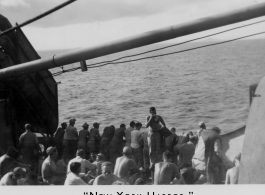 View from the troopship MS Torrens taking the Americans, including Schuhart, home, in late 1945. The back of the photo had the annotation "New York Harbor" on it, but this image in definitely not New York--the pointy mountains in the distance do not match New York, and they arrived New York in December, which would not be the sweltering hot scene here. 