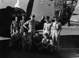The B-24 bomber "HOT AS HELL" and crew in China during WWII.  This B-24D, serial #42-40075, was assigned to the 425th Bomb Squadron, one of the original planes of the 308th Bomb Group making the trip from USA to Kunming in April 1943. By November, following several missions and many resupply trips across the Hump for fuel, munitions and spare parts, she was deemed obsolete and replaced with a new B-24J. Converted to transport configuration and transferred to Air Transport Command the plane continued to fly 