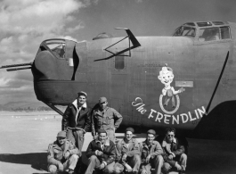 The B-24 "The Frendlin" and crew in China during WWII.  This B-24J, serial #42-73265 was assigned to 425th Bomb Squadron at Kunming. The plane departed Liuchow on 20 May 1944 for a planned sea sweep mission with return to Kunming. However, it was hit by enemy fire during the mission forcing the crew to bail out prior to reaching a friendly airfield.  All crew members were assisted by American Missionaries, Chinese villagers and guerilla's to reach an American base safely. Crew members on that mission were: 