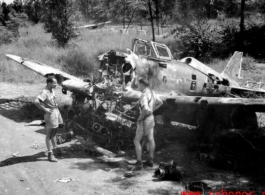 A destroyed Japanese fighter left over at the airbase after the Japanese retreat from Liuzhou. Photos taken by Robert F. Riese in or around Liuzhou city, Guangxi province, China, in 1945.