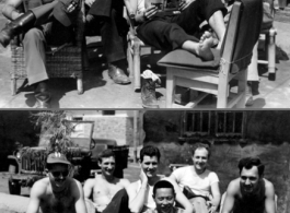 American GIs read (top image), and pose with Chinese staff person, at an American base in China during WWII.