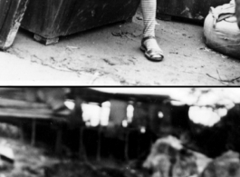 A young boy sits among discarded furniture, presumably items that had ultimately been discarded, during their flight in the face of the Japanese Ichigo campaign in fall 1944.