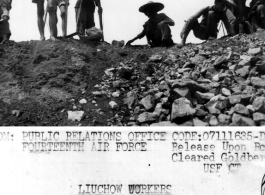 Workers from Liuchow help to repair the former Fourteenth Air Force base there after the Japanese evacuated 30 June. The Japs mined and damaged the strip.