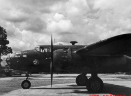 A B-25 of the Ringer Squadron in the CBI.   From the collection of Wozniak, combat photographer for the 491st Bomb Squadron, in the CBI.