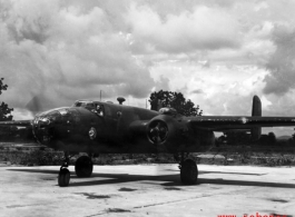 A B-25 of the Ringer Squadron, propellers spinning, in the CBI.