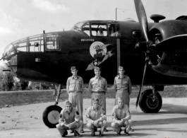 Unidentified members, probably an aircrew, beside a B-25C of the 491st Bombardment Squadron at Chakulia, India, sometime in 1943.