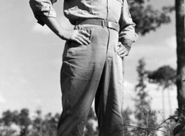 Master Sergeant John A, Aspinwall (Maintenance Line Chief), 491st Bm Squadron, stands among the trees on 'Red Dust Hill', the housing and squadron areas for 341st Bomb Group personnel at Yangkai AB, China. (Info courtesy Tony Strotman)