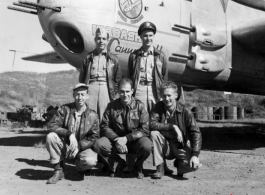 491st Bomb Squadron air crew at Yangkai, China, with the B-25H "Wabash Cannonball". In back are Lt. Jack H. Wilson (pilot) and Lt. Russell M. Howard (navigator), with S/Sgt Ira M. Brown (gunner; kneeling, far left), T/Sgt. Donald Gralla (radio) , and  S/Sgt Leonard J. Bendinsky (flight engineer).