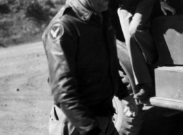 Gen. Claire Chennault during a "surprise" visit to  the 341st Bomb Group HQ at Yangkai Air Base, China.  He came for a briefing of a new bombing technique, "glip" bombing.  The B-25s of the Group became quite successful in destroying bridges using this method.  (Information from Tony Strotman)  From the collection of Eugene Wozniak.