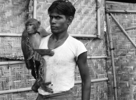 A man poses with a chained monkey in India during WWII.    From the collection of David Firman, 61st Air Service Group.