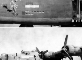 A B-24 bomber in the CBI, with a lady holding a parasol as  nose art. From the collection of James D. Vaughn, who was lost in the CBI in December of 1944.