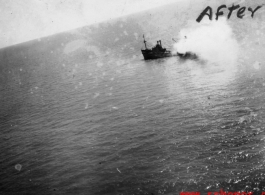 A Japanese boat sinking off the China shore after attack of American war planes during WWII.