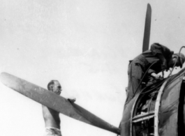 Lt. William Wickstrom, engineer at A-5, working on an airplane, during the summer of 1944. 462nd Bomb Group, 468th Squadron.  Photo from C. M. Miller.