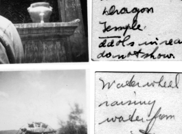 Incense burner in temple and water wheel. Near Kunming, June 1944.