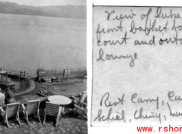 Overlooking basketball hoop at US military rest station, Camp Schiel, March 1945.