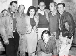 Capt. James Stewart and Lt. Alex LeVay bracket five members of USO Tour Group at Yangkai, Oct 1944. Recognizable are Betty Colby and Pat O'Brien.  From the collection of Frank Bates. 