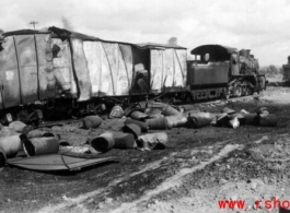 An American fuel train at the edge of the field, at Liuzhou, after bombing by Japanese bombers of September 27, 1944 during 45 minute air raid.