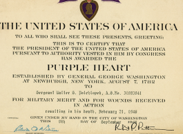 An image from the Walter S. Polchlopek collection--Purple Heart notification for Walter S. Polchlopek, who was lost on May 20, 1944, over the sea near the south east coast of China, after a B-24 mission to strike Japanese shipping.