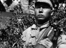 Chinese soldiers with equipment ready and covered in camouflage during exercises in southern China, in Yunnan province, including this Nationalist soldier with rifle over shoulder.