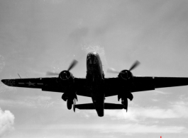 B-25 Mitchell bombers take off (or land) from an airstrip, possibly Yangkai (Yangjie) air strip in Yunnan province, China.