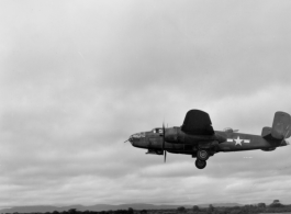 B-25 Mitchell bombers take off from an airstrip, possibly Yangkai (Yangjie) air strip in Yunnan province, China.