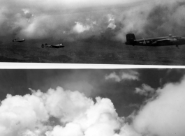 B-25 Mitchell bombers and P-38s in flight in the CBI, in the area of southern China, Indochina, or Burma.