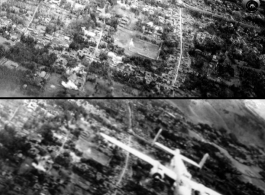 An aerial photograph of B-25 bombers during battle in the CBI, flying over Tengchong, near the China-Burma border. During WWII.