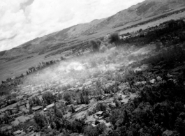 B-25 Mitchell bombers during battle with Japanese ground forces, flying over Tengchung (Tengchong), near the China-Burma border in far SW China.