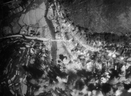 In these remarkable two images, we see a small town in Guangxi Province, SW China, being bombed by American B-25 bombers. In the upper image, just seconds before the bombs hit, one can see the streets filled tightly with trucks of a convoy, with many people milling or running about. This is during the  Japanese 'Ichigo' push of summer or fall 1944. The crowds are especially large and dense for the time.