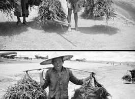 Farmers shoulder poles at Luliang air base during WWII.