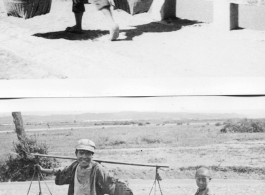 Man shouldering vegetables across the bridge at Luliang, and man with kids carrying scraps of wood.