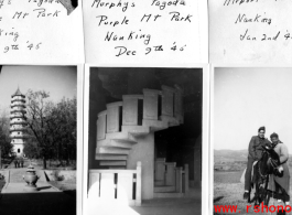 American woman on pagoda at Purple Mt. Park, Nanjing, China, late 1945; Chinese and American pose.