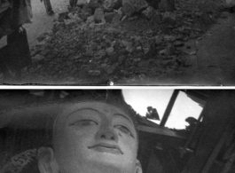 A street scene in India (or Burma), and a war-blasted Buddha in Burma. During WWII.