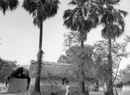 Village of tidy thatched-roof houses.  Scenes in India witnessed by American GIs during WWII. For many Americans of that era, with their limited experience traveling, the everyday sights and sounds overseas were new, intriguing, and photo worthy.